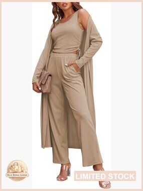 3 Piece Lounge Set Pajama Cardigan Tank Top Pants Sweatsuit Loungewear